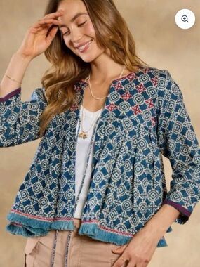 Alamwar for Sundance Blue Printed Fringe Hem Jacket Size S